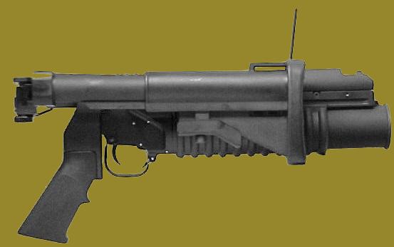 RM Equipment's Tactical Mount has a folded stock.  The Tactical Mount with the M203 40mm grenade launcher attached and the stock folded.